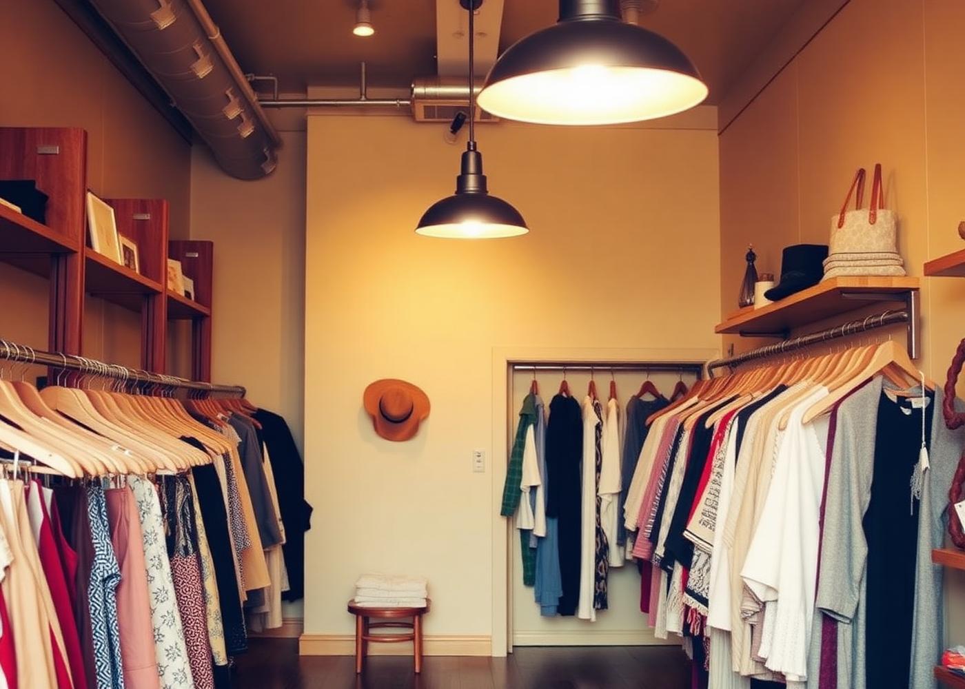 Innenraum der Boutique Dream Fashion mit warmem Licht über kuratierten Kleiderstangen