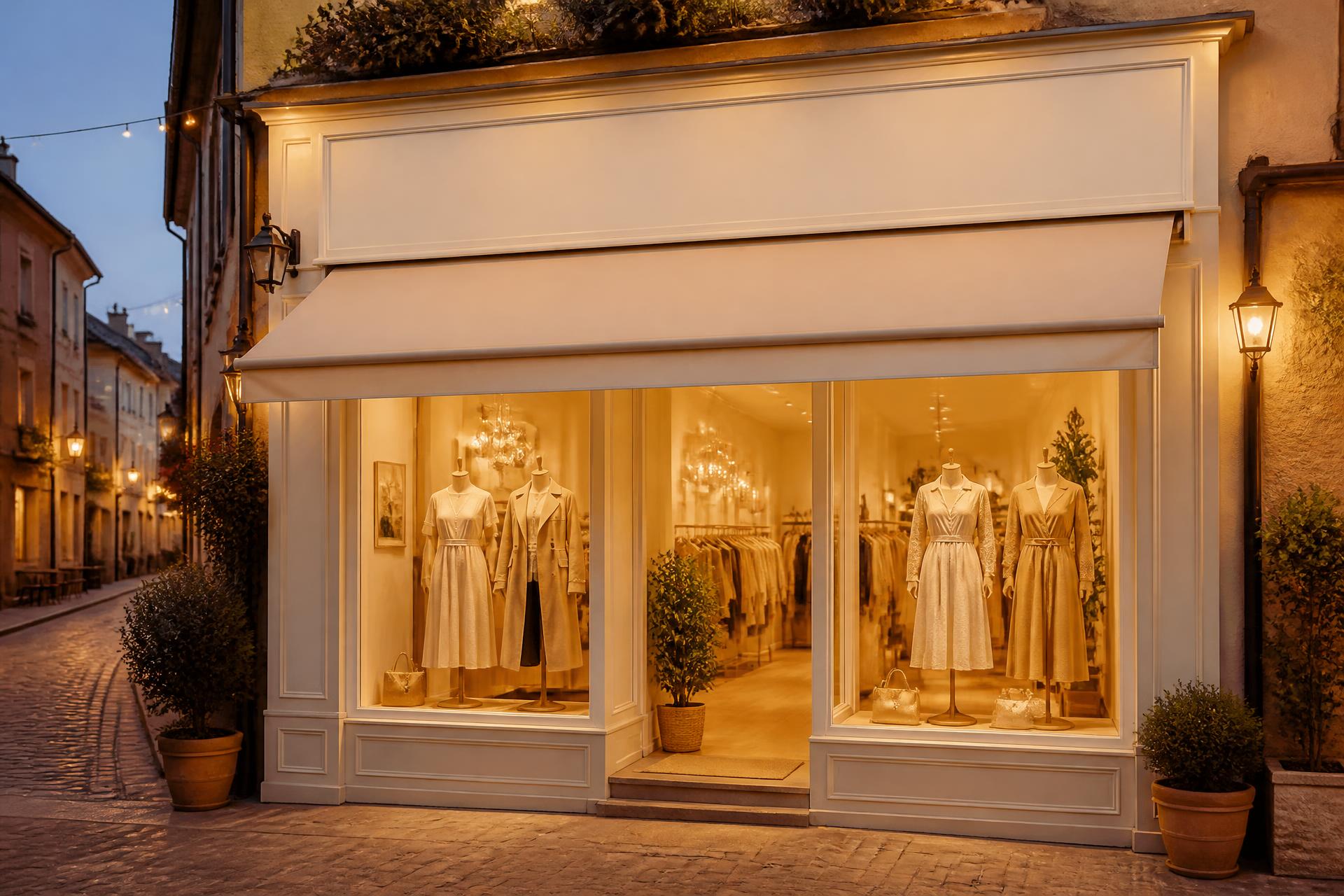 Die warm beleuchtete Schaufensterfront von Dream Fashion in der Abenddämmerung