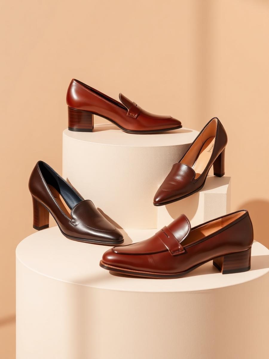 Lederpumps und Loafer auf cremefarbenen Podesten